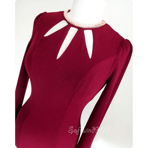Burgundy Gold Chain High Neck Cutout Bodycon Dress - Picture 3 of 8